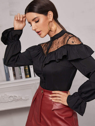 Button Front Contrast Lace Ruffle Trim Blouse
