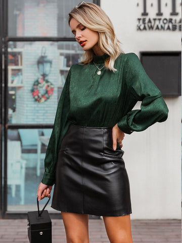 Simplee Zip Back Mock-neck Satin Top