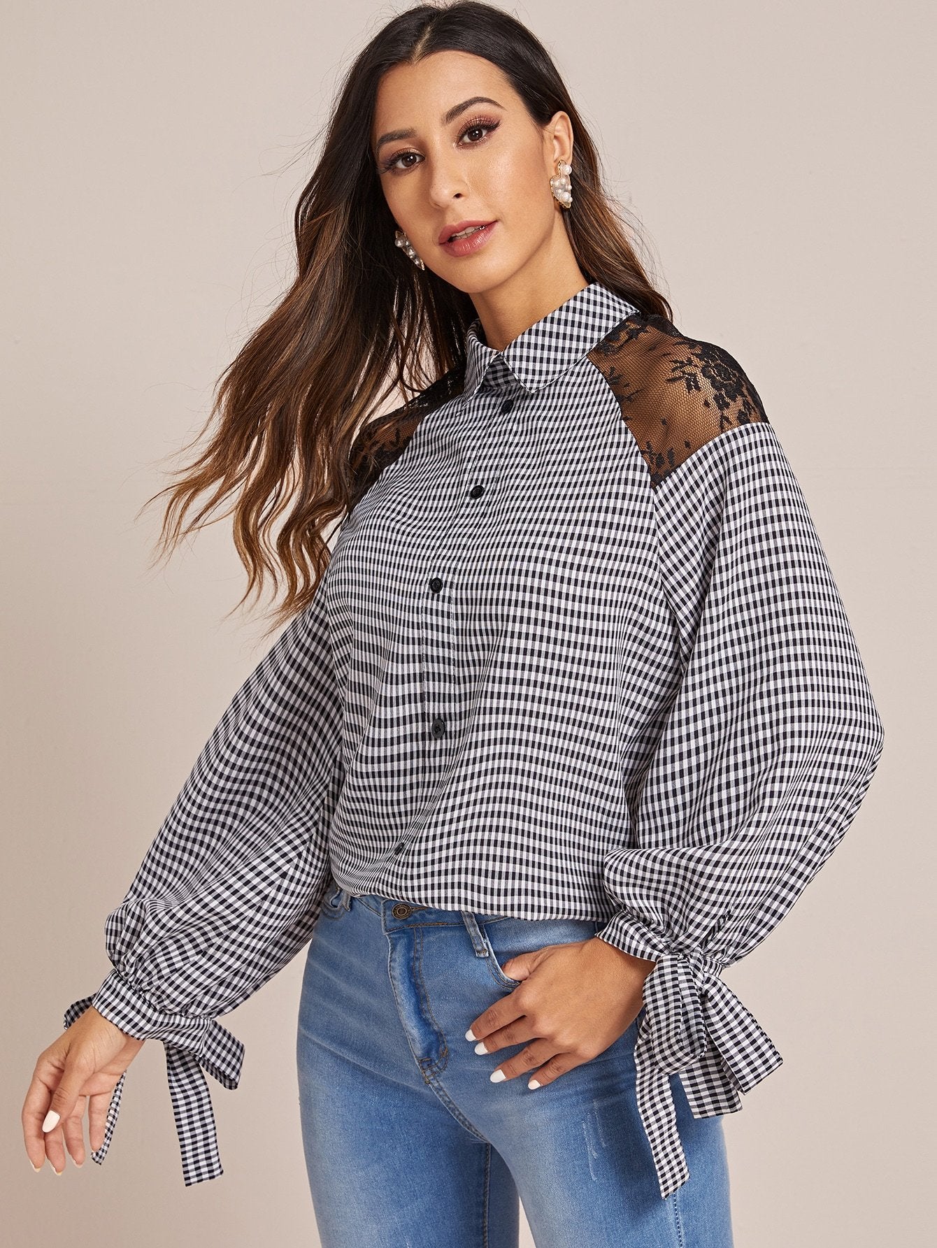 Contrast Lace Panel Gingham Tie Cuff Blouse
