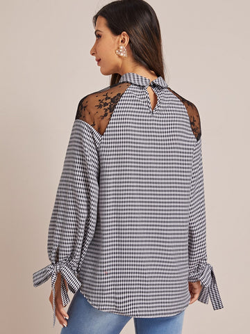 Contrast Lace Panel Gingham Tie Cuff Blouse