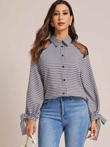 Contrast Lace Panel Gingham Tie Cuff Blouse