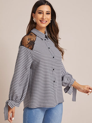 Contrast Lace Panel Gingham Tie Cuff Blouse
