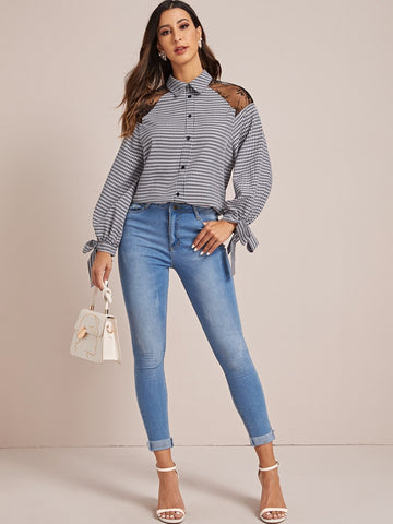 Contrast Lace Panel Gingham Tie Cuff Blouse