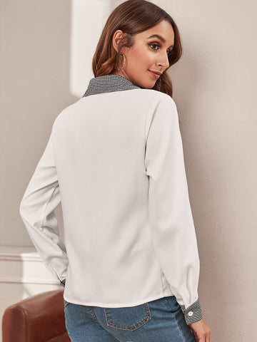 Contrast Houndstooth Button Through Blouse