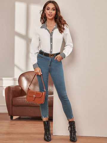 Contrast Houndstooth Button Through Blouse