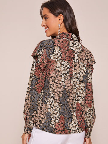 Floral Print Ruffle Trim Chiffon Blouse