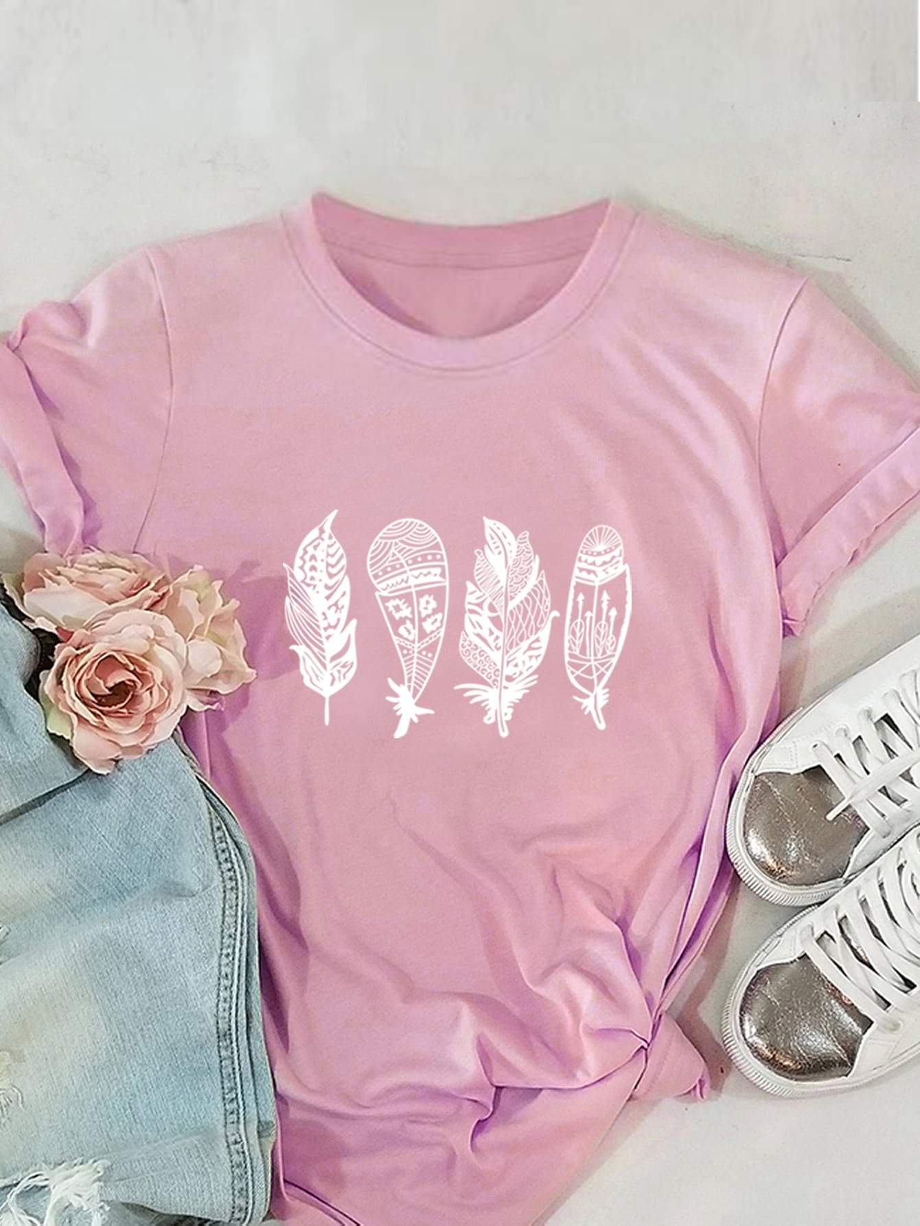 Feather Print Short Sleeve Tee