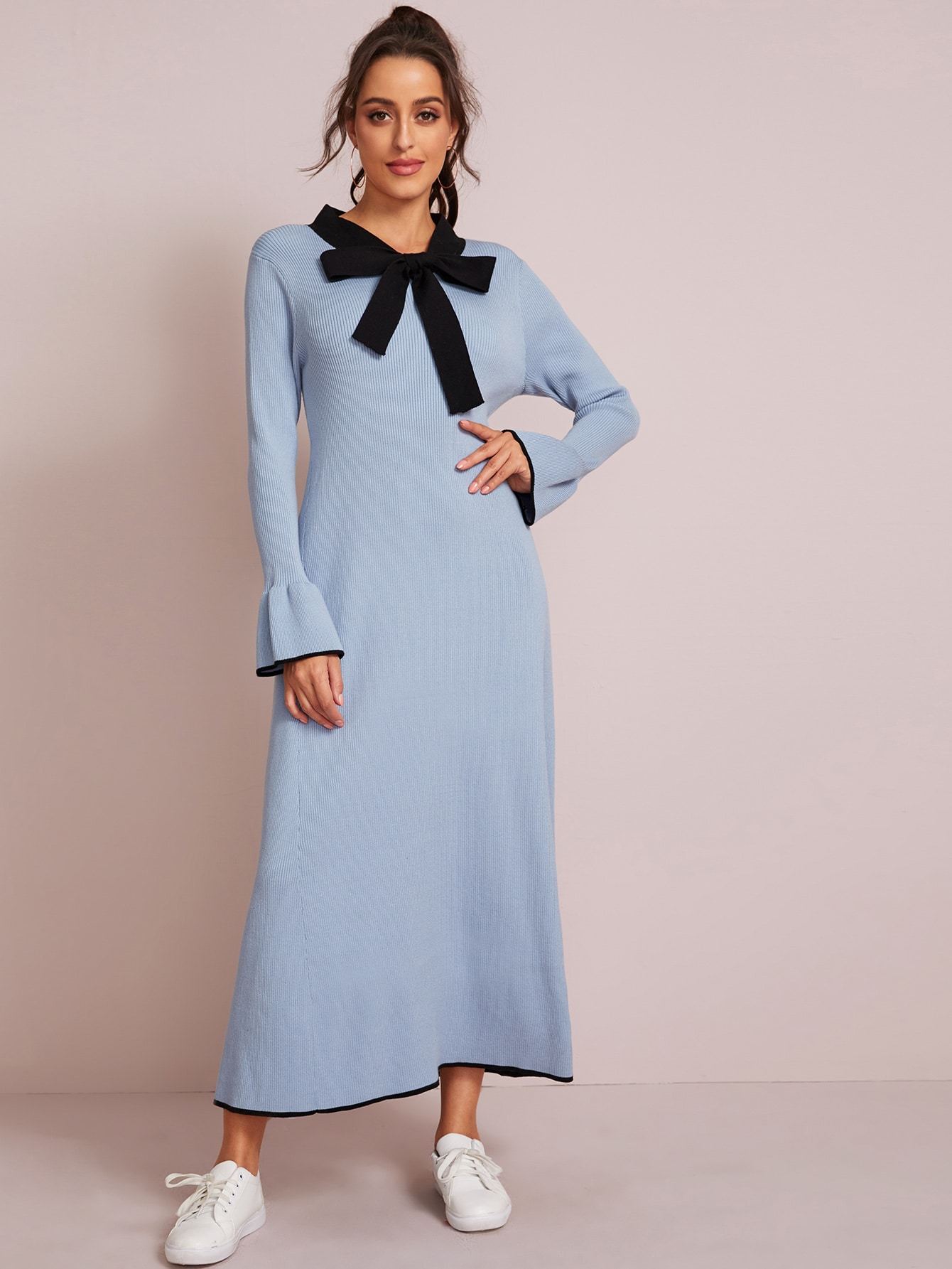 Tie Neck Contrast Binding Flounce Sleeve Jumper Dress