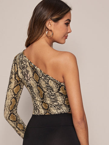 One Shoulder Snakeskin Print Tee
