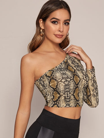 One Shoulder Snakeskin Print Tee