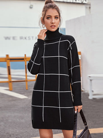 High Neck Drop Shoulder Grid Jumper Dress