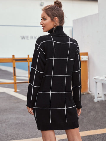 High Neck Drop Shoulder Grid Jumper Dress