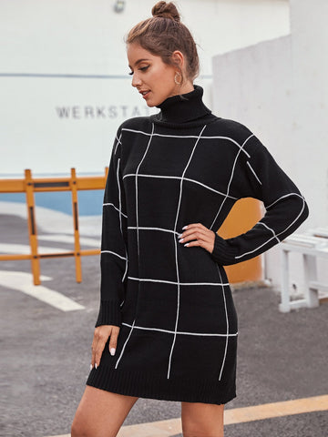 High Neck Drop Shoulder Grid Jumper Dress