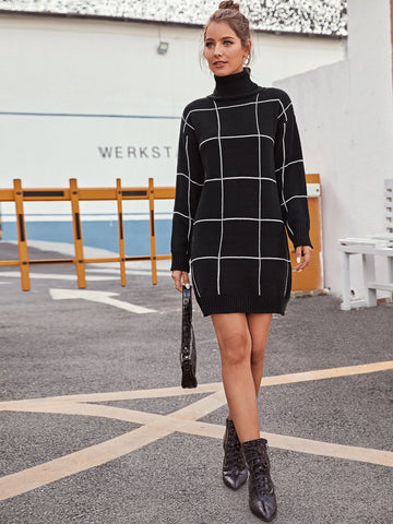 High Neck Drop Shoulder Grid Jumper Dress