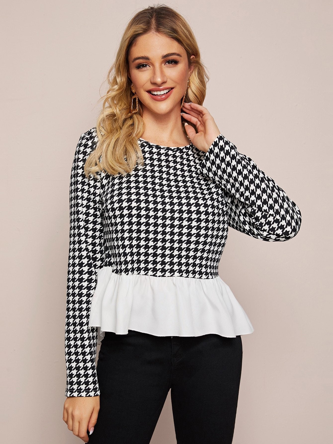 Contrast Panel Houndstooth Peplum Blouse