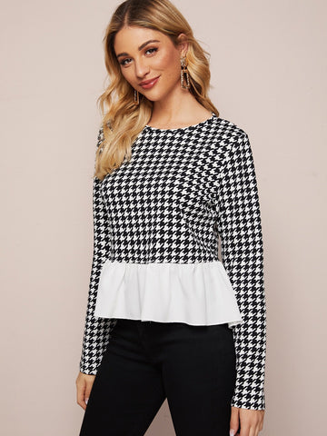 Contrast Panel Houndstooth Peplum Blouse