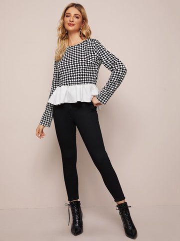 Contrast Panel Houndstooth Peplum Blouse