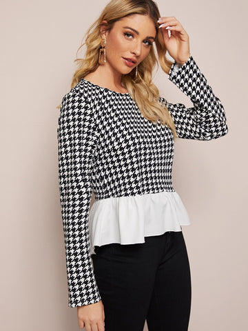 Contrast Panel Houndstooth Peplum Blouse