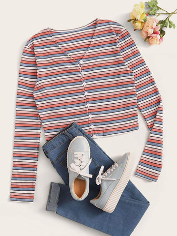 Striped Button Front Ribbed Tee