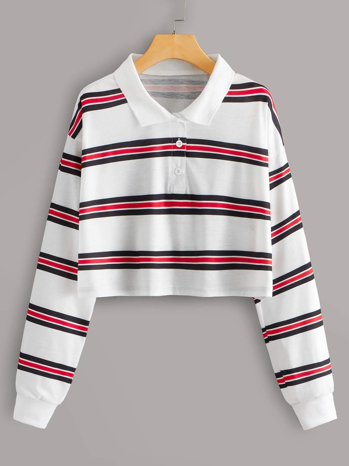 Striped Polo Neck Crop Tee