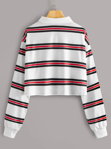 Striped Polo Neck Crop Tee