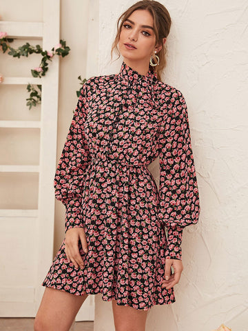 Floral Print Tie Neck Blouson Sleeve Dress