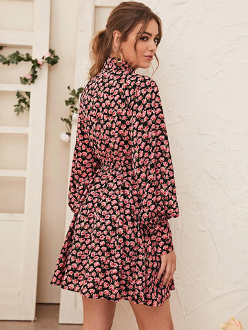 Floral Print Tie Neck Blouson Sleeve Dress