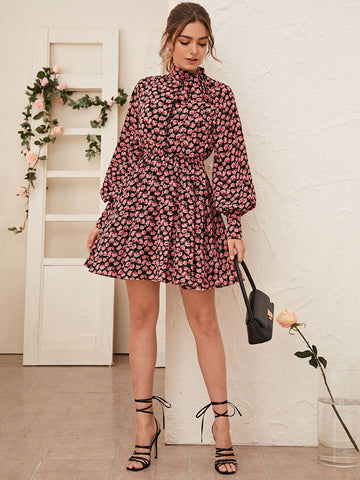Floral Print Tie Neck Blouson Sleeve Dress