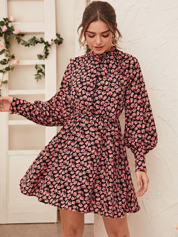 Floral Print Tie Neck Blouson Sleeve Dress