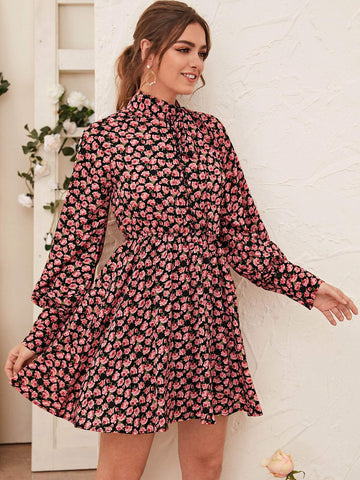 Floral Print Tie Neck Blouson Sleeve Dress