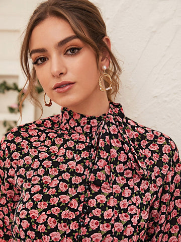 Floral Print Tie Neck Blouson Sleeve Dress