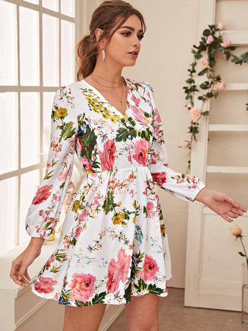 Floral Print Button Detail Dress