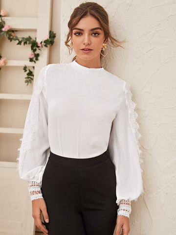 Contrast Lace Mock Neck Blouse