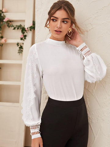 Contrast Lace Mock Neck Blouse