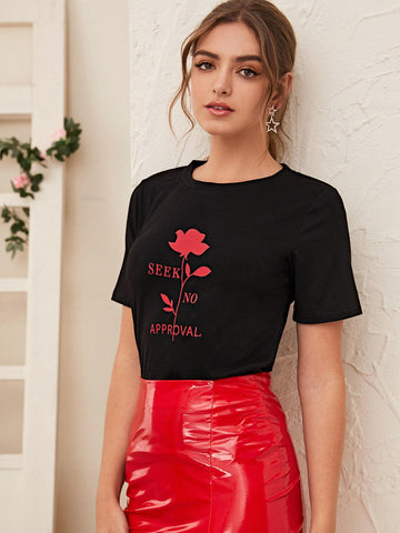 Floral And Slogan Graphic Tee