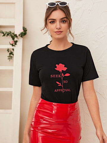 Floral And Slogan Graphic Tee