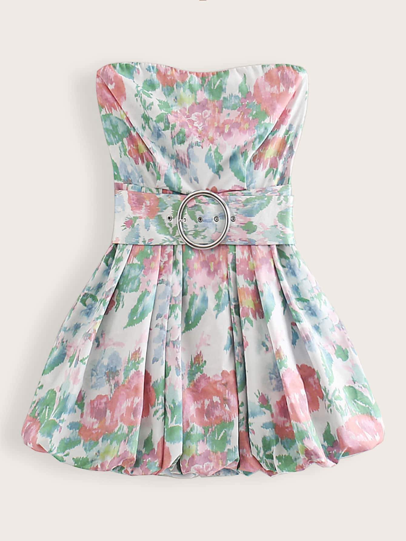Floral Print Zip Back Belted Tube Dress