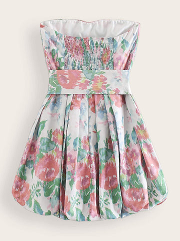 Floral Print Zip Back Belted Tube Dress