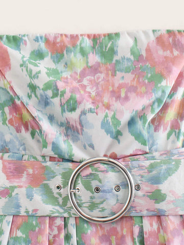 Floral Print Zip Back Belted Tube Dress