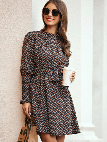 Ditsy Floral Chevron Print Shirred Sleeve Belted Dress