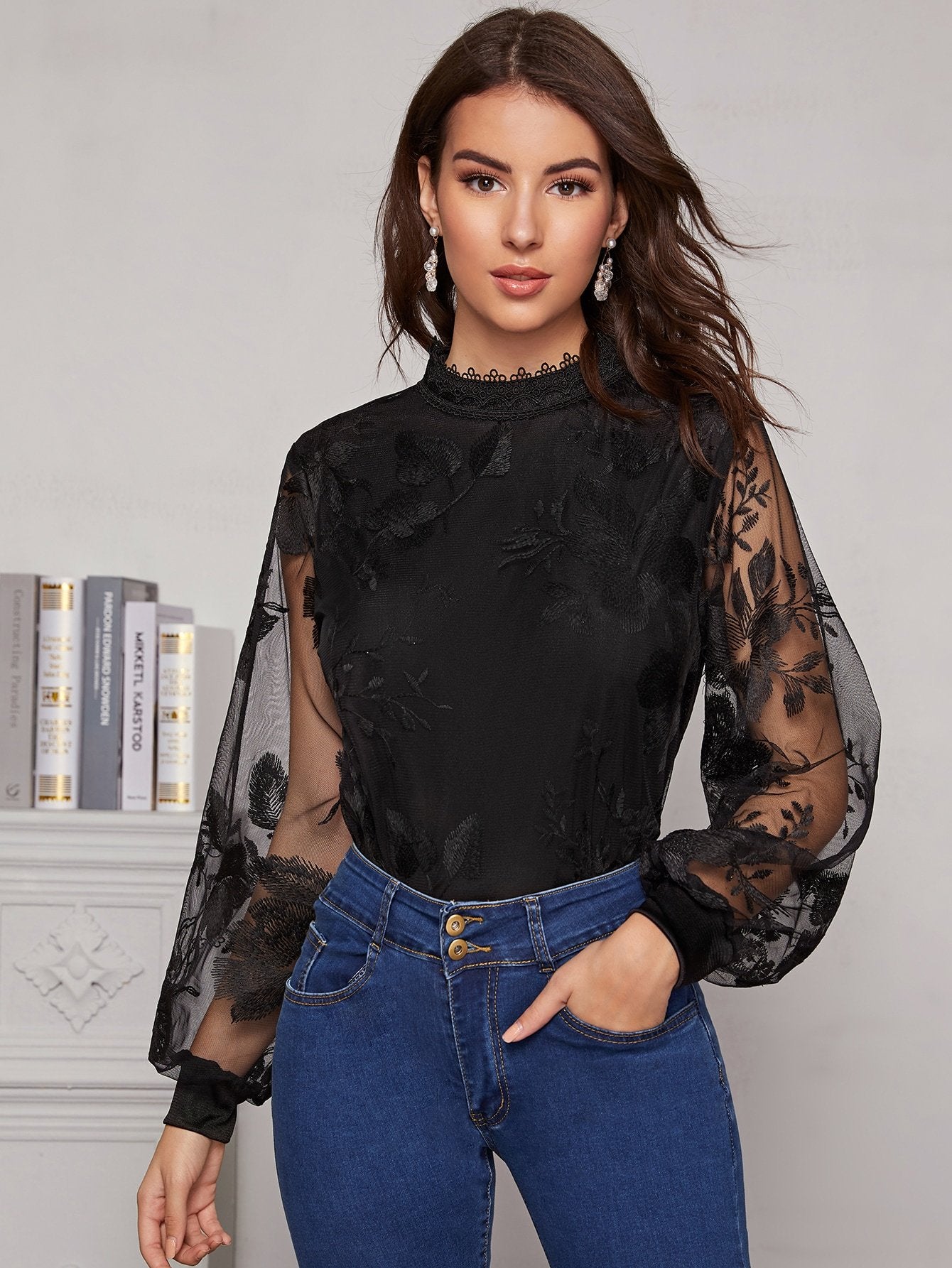 Mock Neck Embroidery Mesh Blouse