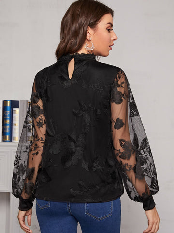 Mock Neck Embroidery Mesh Blouse