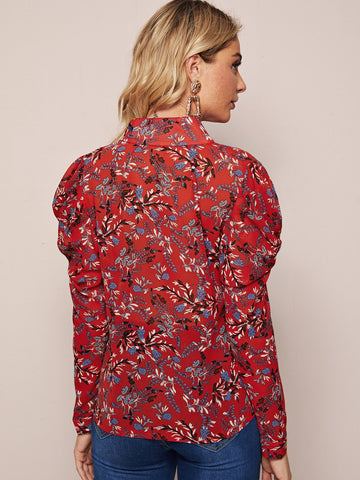 Floral Print Mock Neck Puff Sleeve Blouse