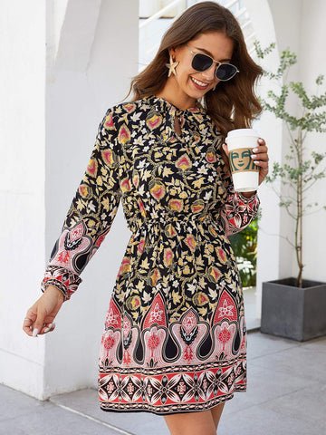 Floral Print Tie Neck Dress