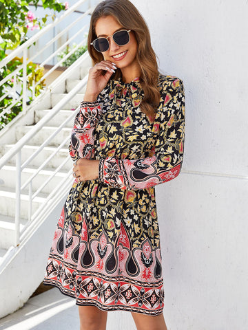 Floral Print Tie Neck Dress