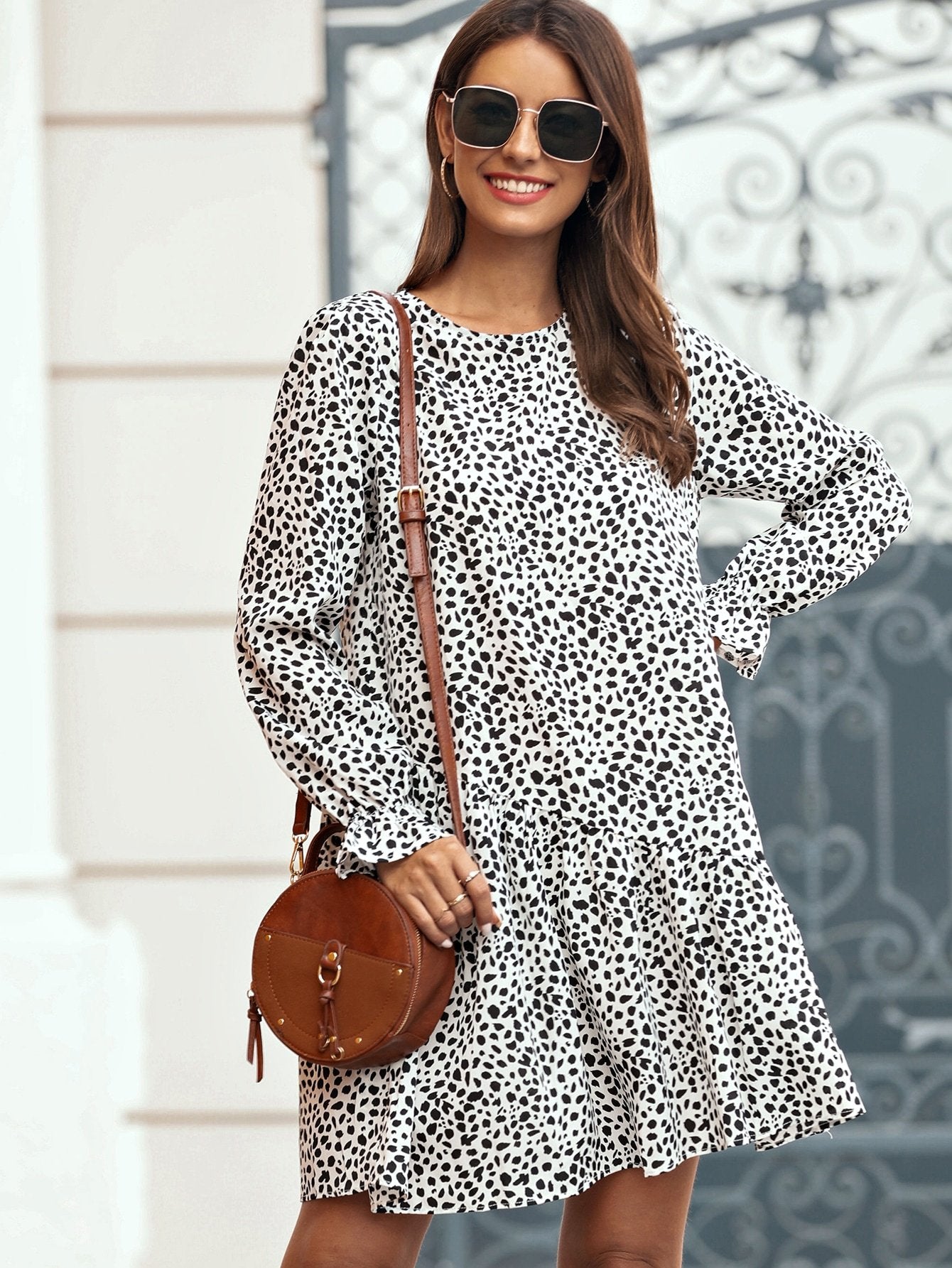 Dalmatian Flounce Sleeve Smock Dress