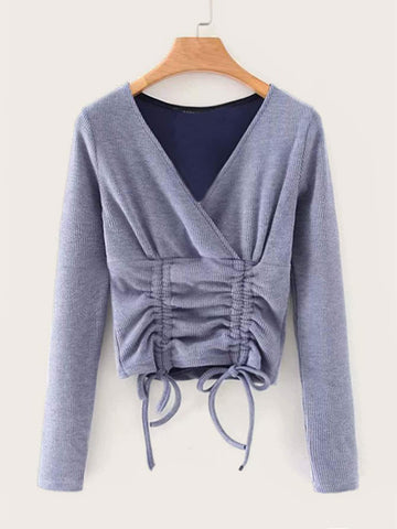 Rib-knit Drawstring Wrap Tee