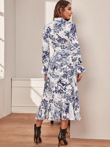 Landscape Print Button Through Belted Shirt Dress