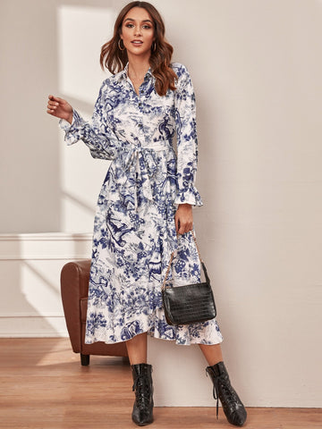 Landscape Print Button Through Belted Shirt Dress