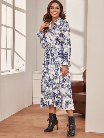 Landscape Print Button Through Belted Shirt Dress